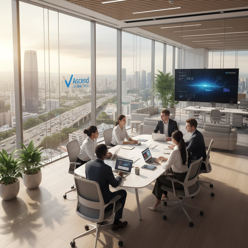 Six people in a modern office meeting room with large windows overlooking a cityscape. Laptops and screens display charts and graphs.