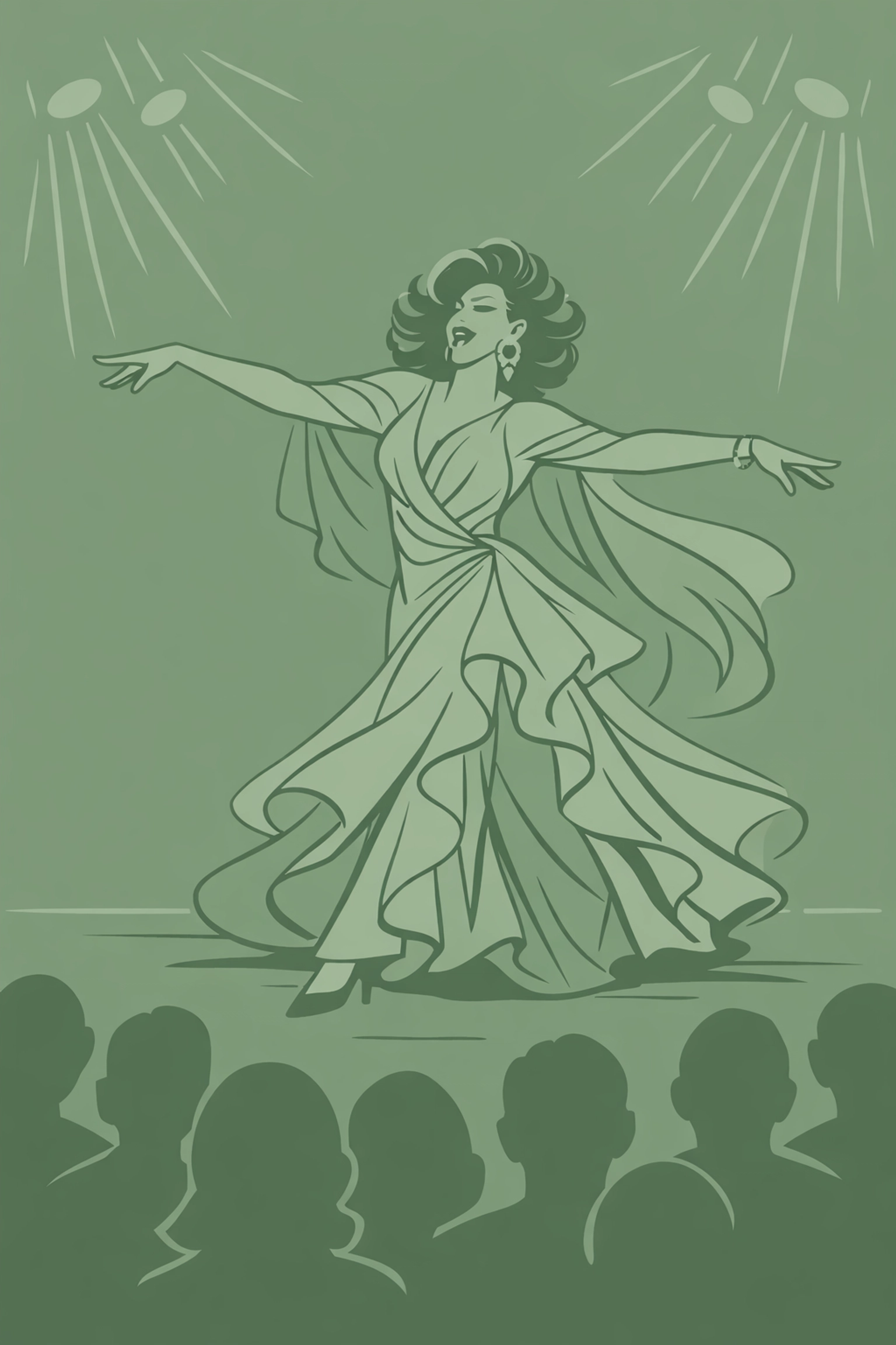 Drag performer dancing on stage before audience celebrating queer artistic expression