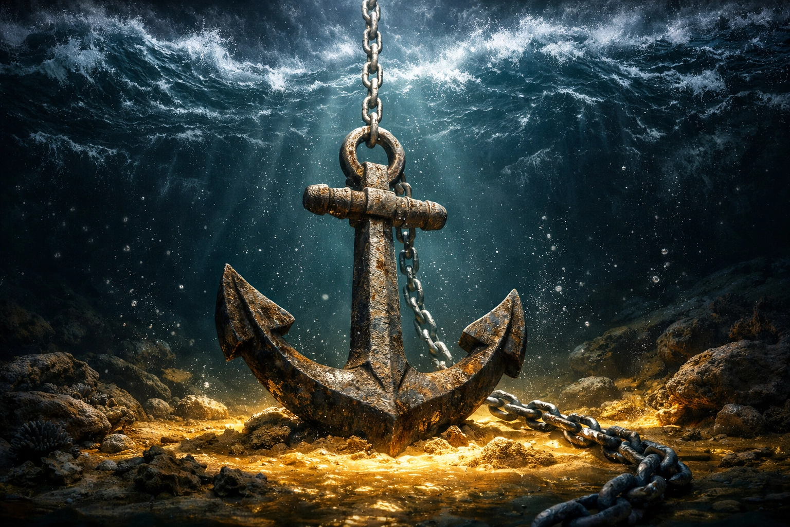 A heavy iron anchor secure on a peaceful seabed beneath a storm, showing how to stay anchored in Christ.