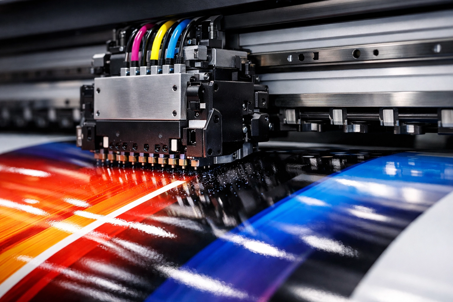 Close-up of a wide-format digital printer producing high-quality custom vinyl signs and wraps.