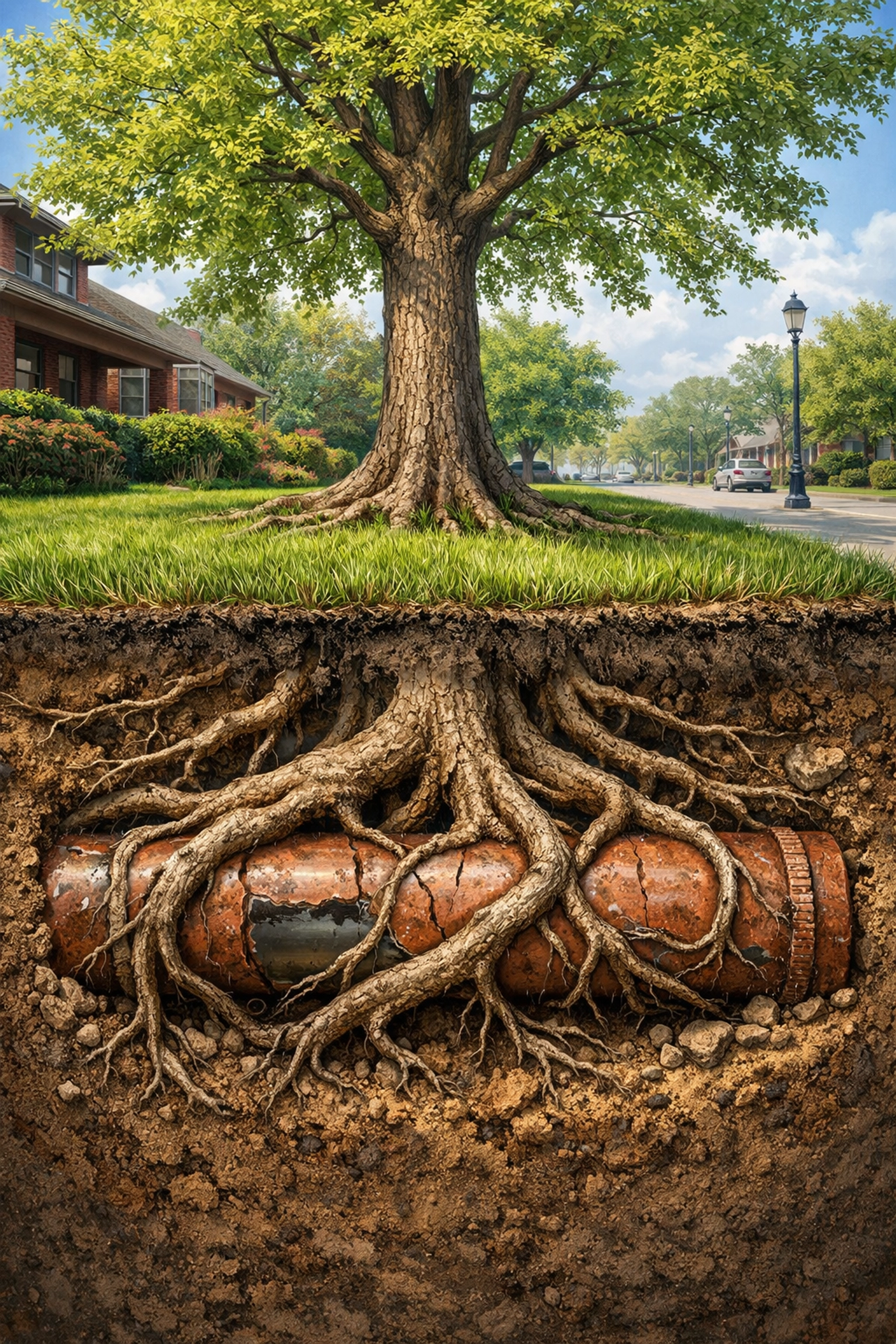 Underground cross-section showing tree roots near a clay sewer pipe, illustrating Detroit service line risks.