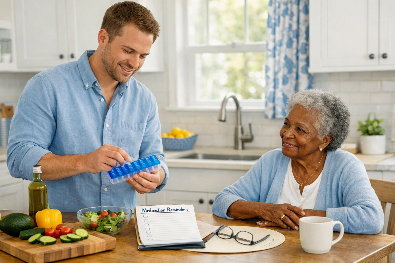 Caregiver preparing a healthy meal while providing medication reminders to a senior at home