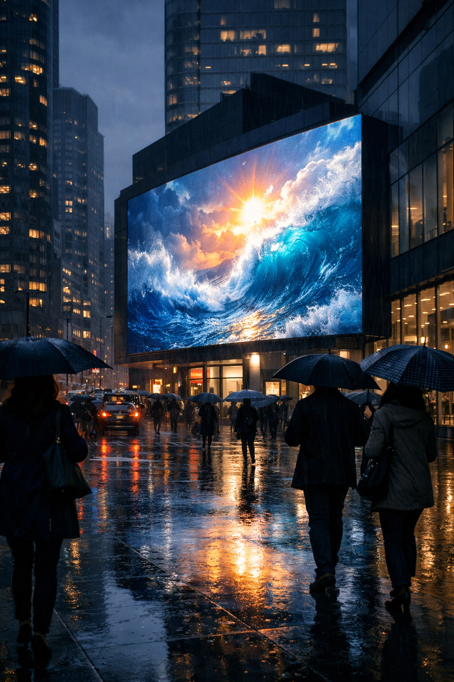 Weather-triggered digital billboard on a rainy city street at dusk showing dynamic DOOH campaign flexibility.