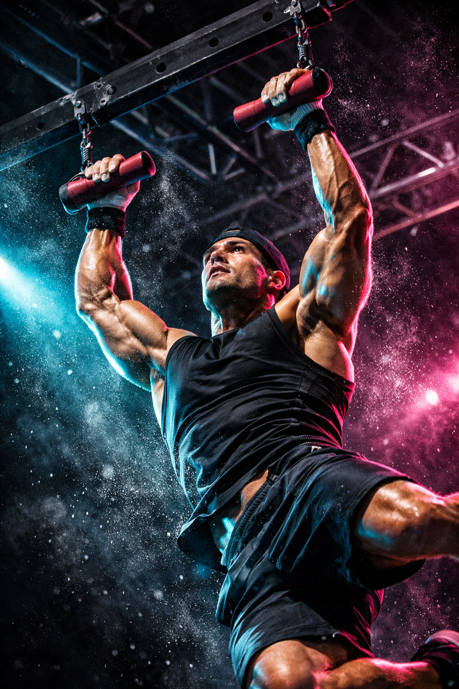 Ninja Warrior athlete using calisthenics equipment for home training to build elite explosive grip strength.