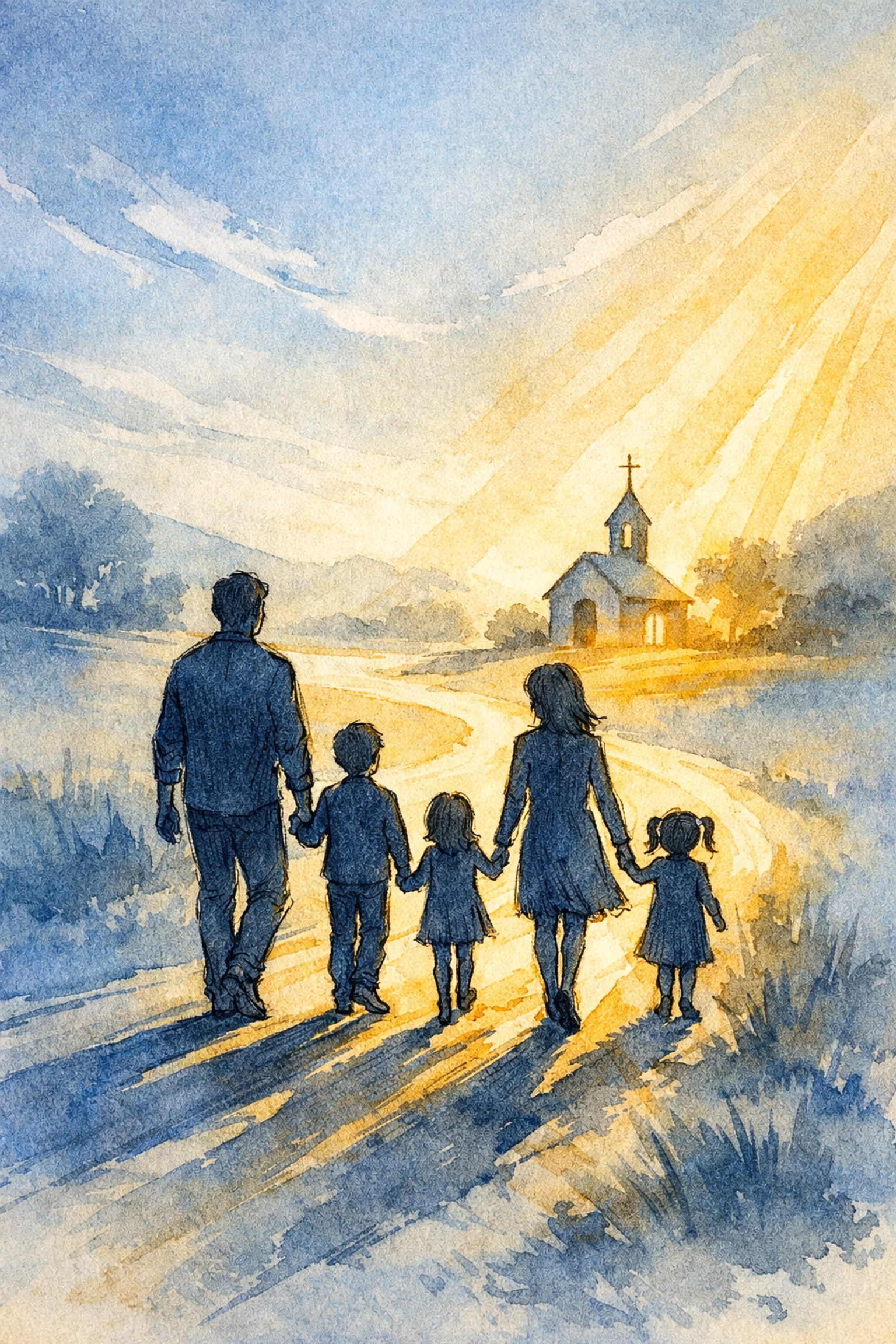 Family walking peacefully toward church on Sunday morning together