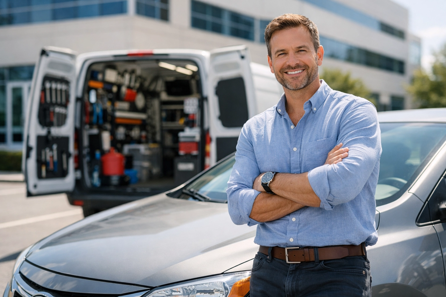 Mobile mechanic providing workplace auto repair service in office parking lot