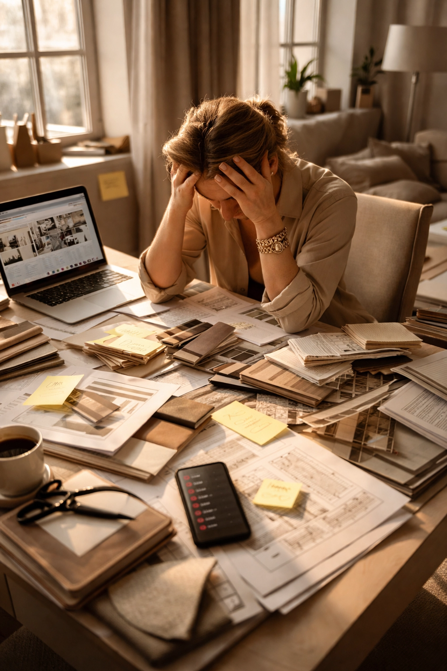 An overwhelmed interior designer at a cluttered desk representing trade procurement challenges for luxury furniture projects