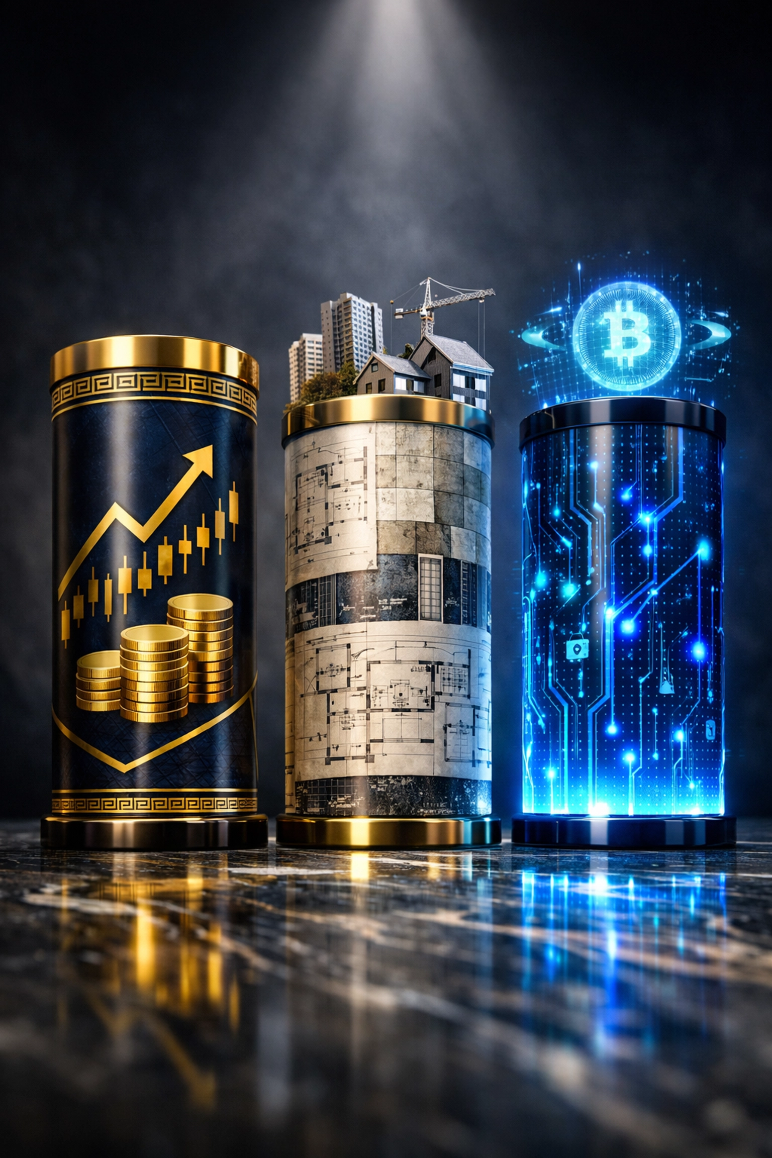 Three pillars showing 40/30/30 portfolio allocation framework for diversified investing