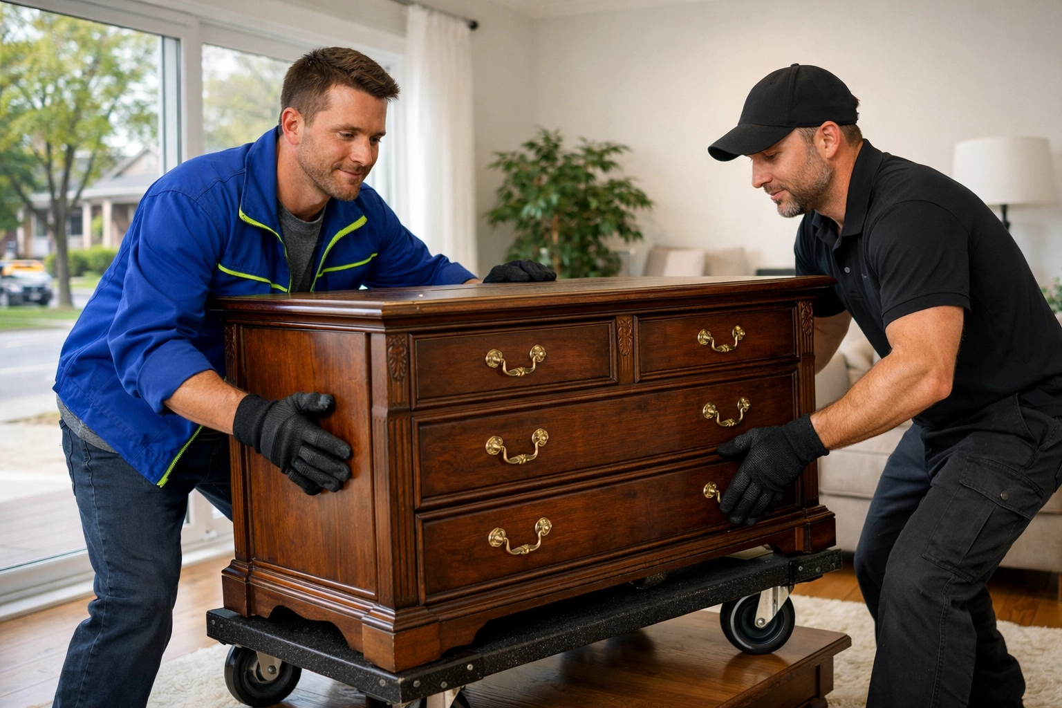 Professional estate cleanout team safely moving heavy furniture in a Barrie residential home.