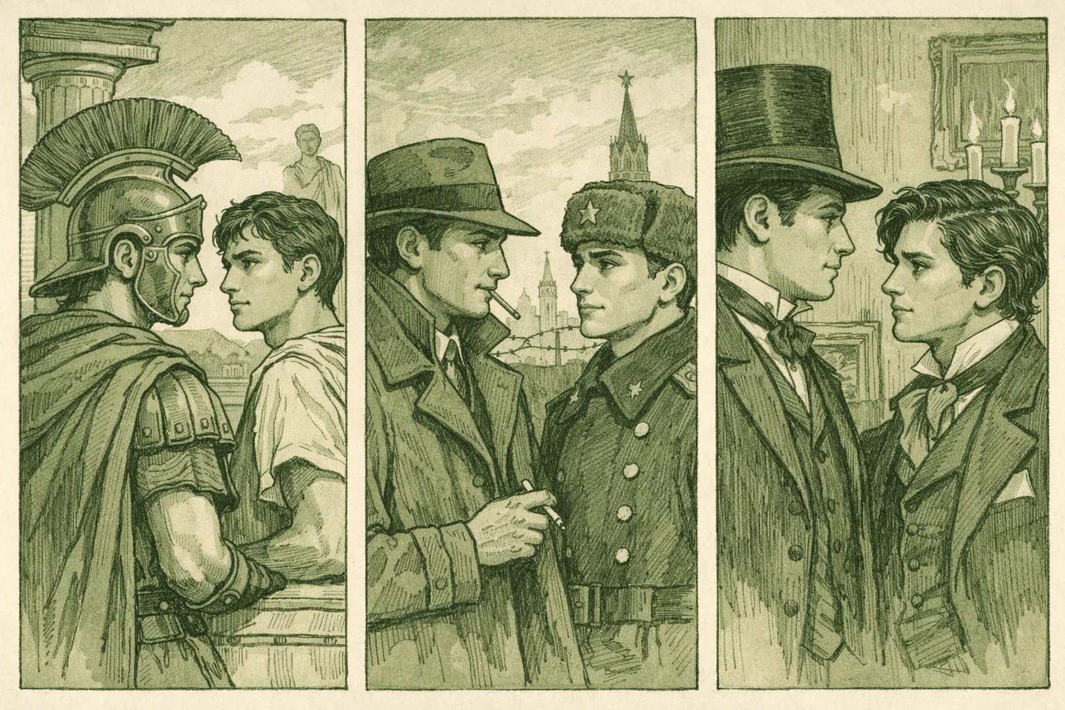 Historical MM romance couples through eras - forbidden gay love in literature