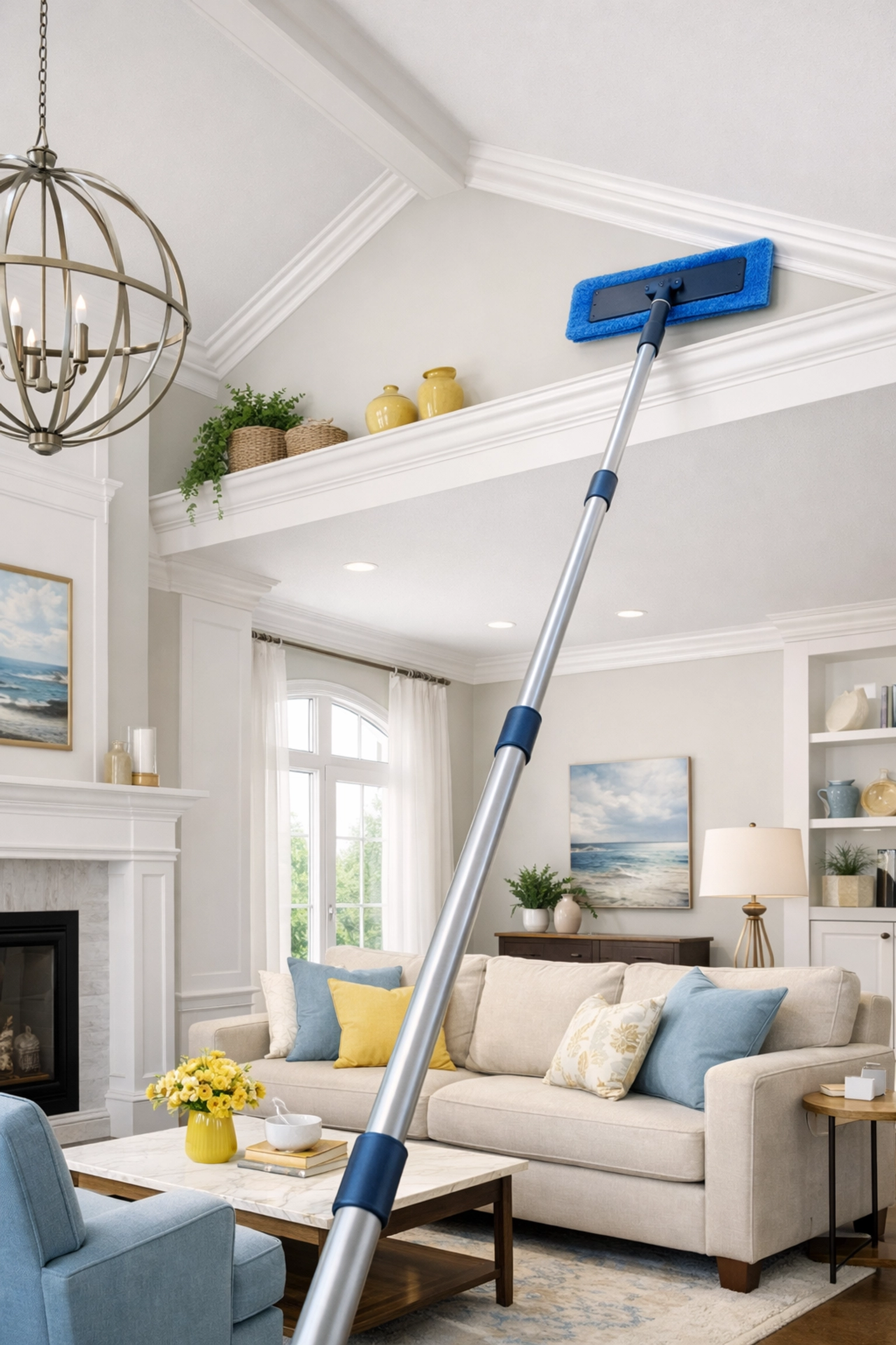 Microfiber mop with an adjustable pole reaching high vaulted ceilings during a weekly house cleaning.