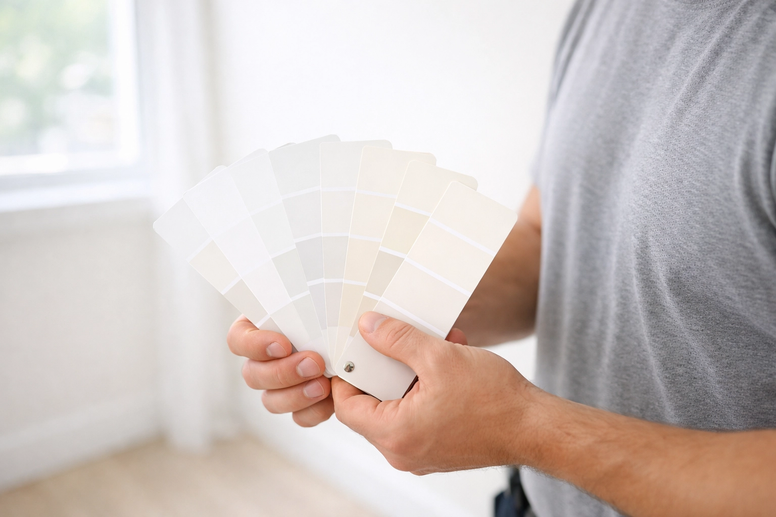 Maintenance worker comparing paint color swatches for standardized apartment turnover materials
