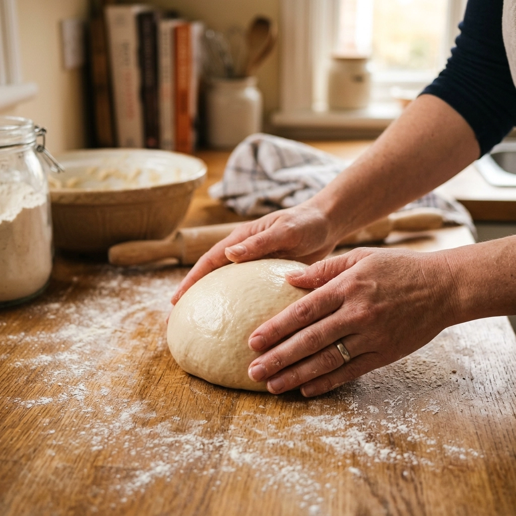 A home cook's hands gently shaping a ball of elastic, smooth gluten-free bread dough on a flour-dusted wooden surface.