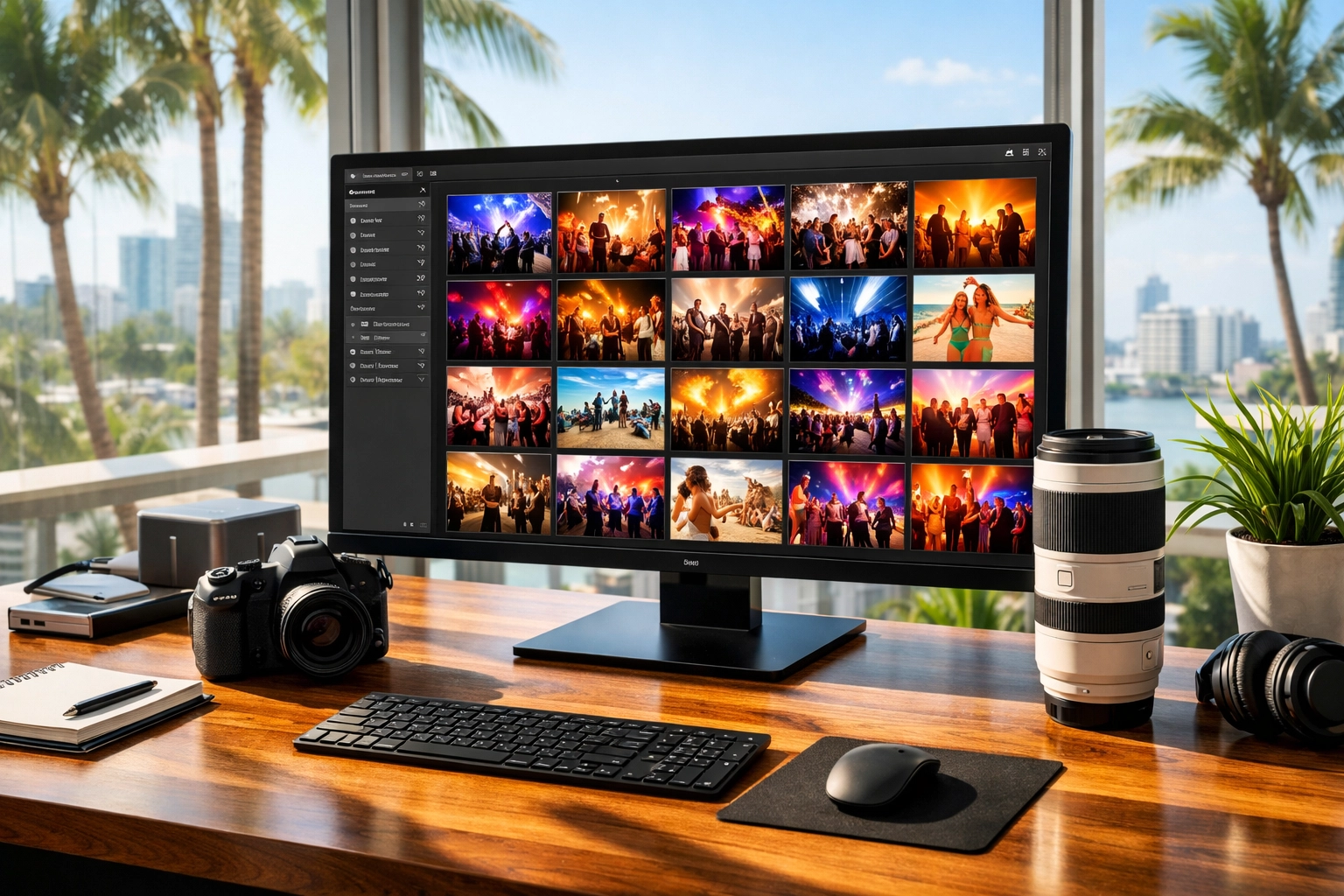 Professional photography workflow in a Miami studio showing a high-res event gallery on a monitor.