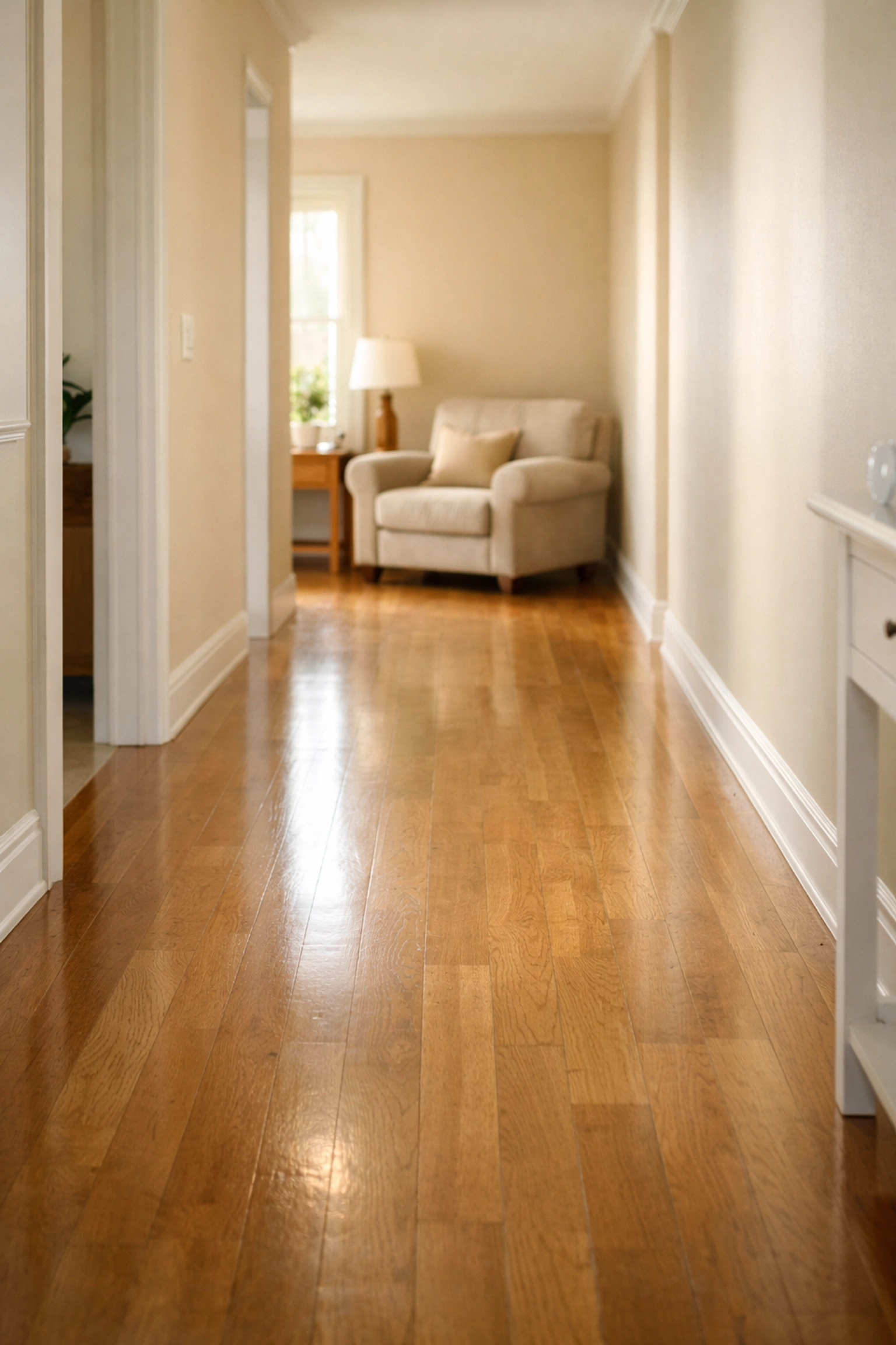 Clear hallway with no rugs or clutter to ensure safe mobility and fall prevention for seniors.