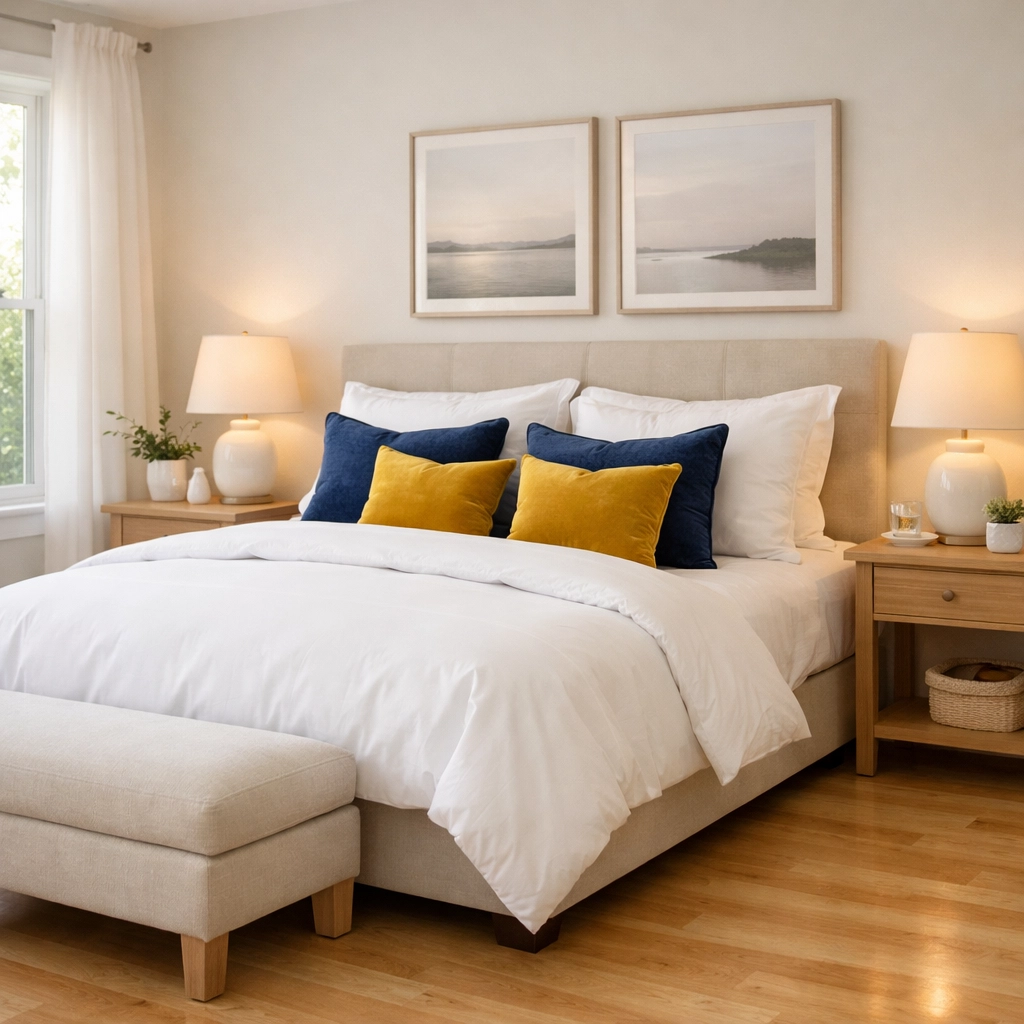 Serene bedroom sanctuary featuring allergen-free surfaces after a professional deep cleaning.