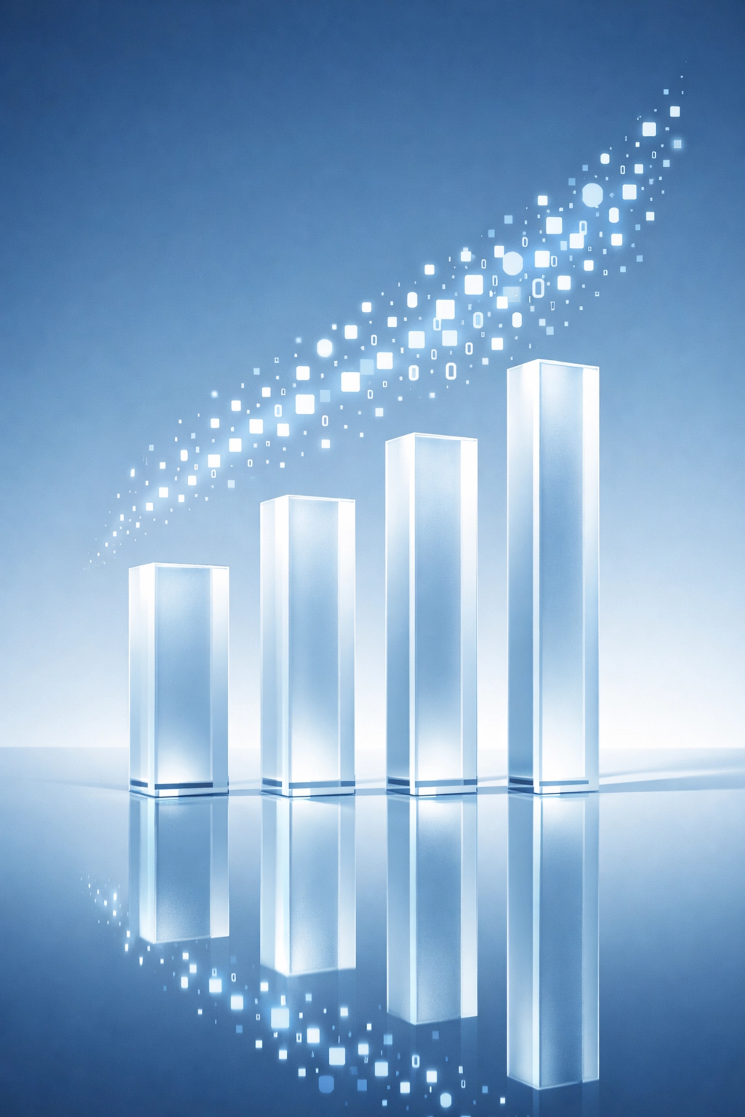 Four glowing pillars with rising data particles illustrating the foundation of a scalable automation roadmap.