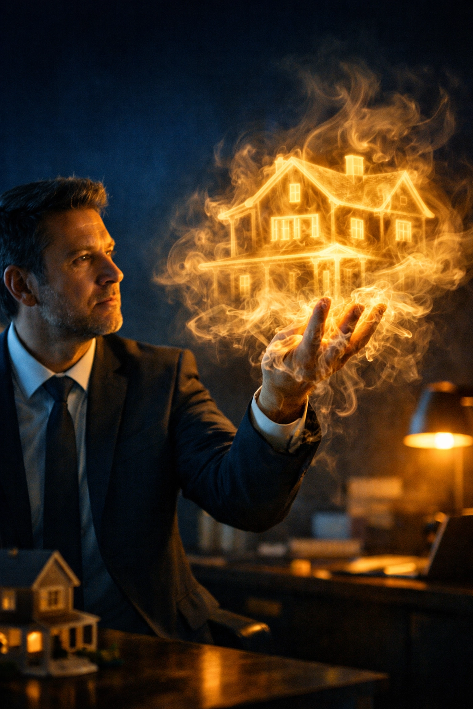 Real estate agent reaching for house-shaped smoke, representing the challenge of elusive cold leads.