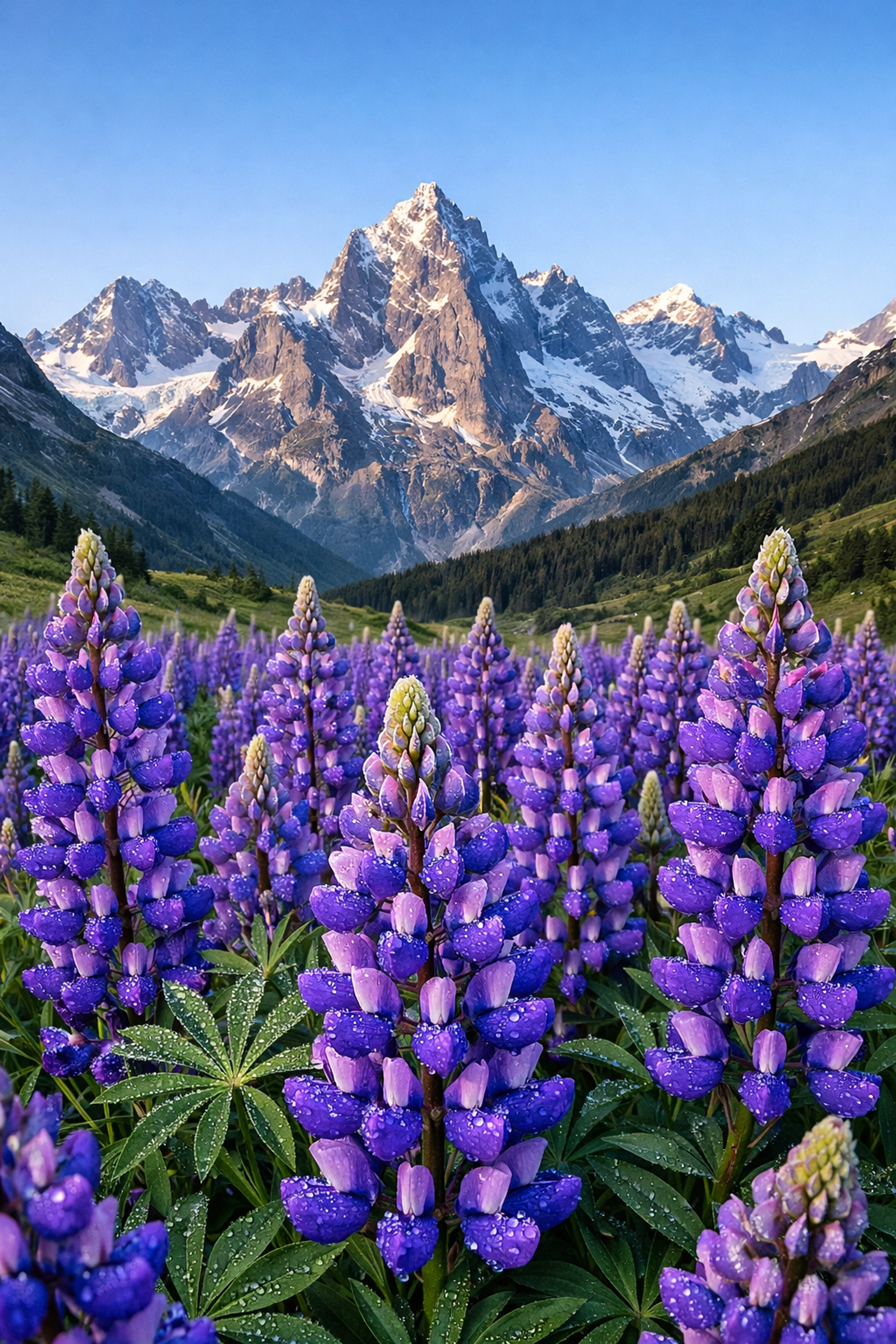 Sharp purple lupine flowers and mountains showing deep focus in landscape photography.