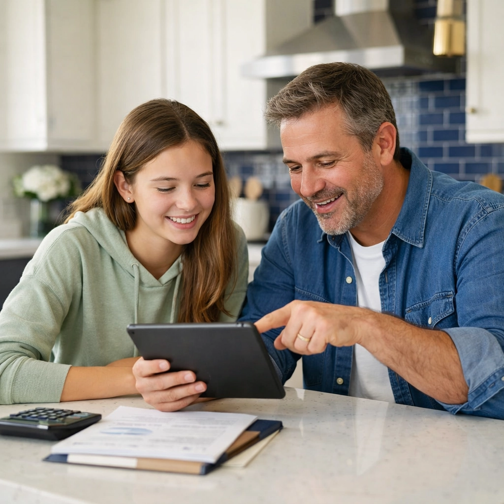 A father and daughter using credit building tools and resources to improve their family's financial future.