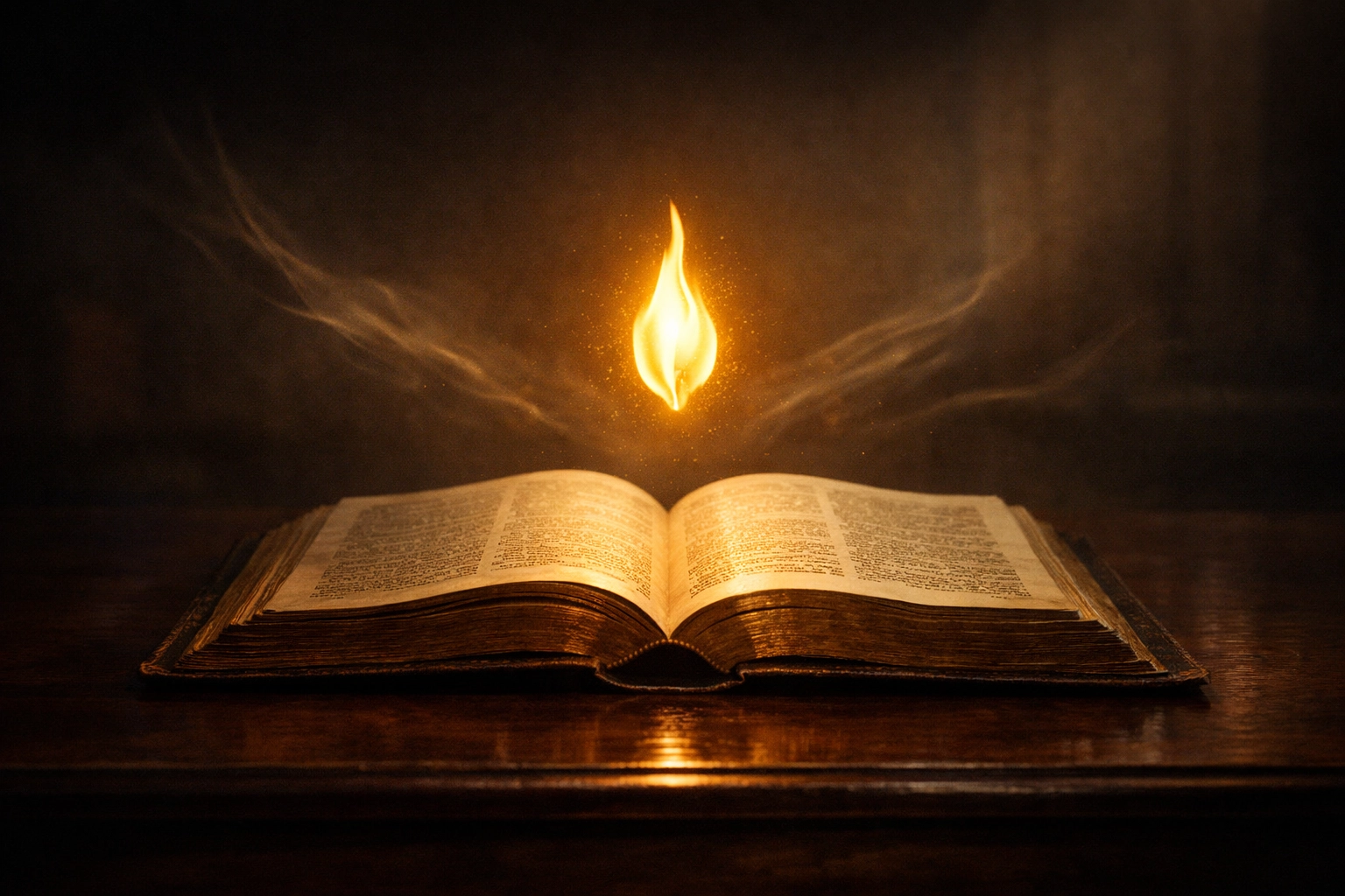 A glowing flame above an open Bible, symbolizing the Holy Spirit's guidance and scriptural discernment.