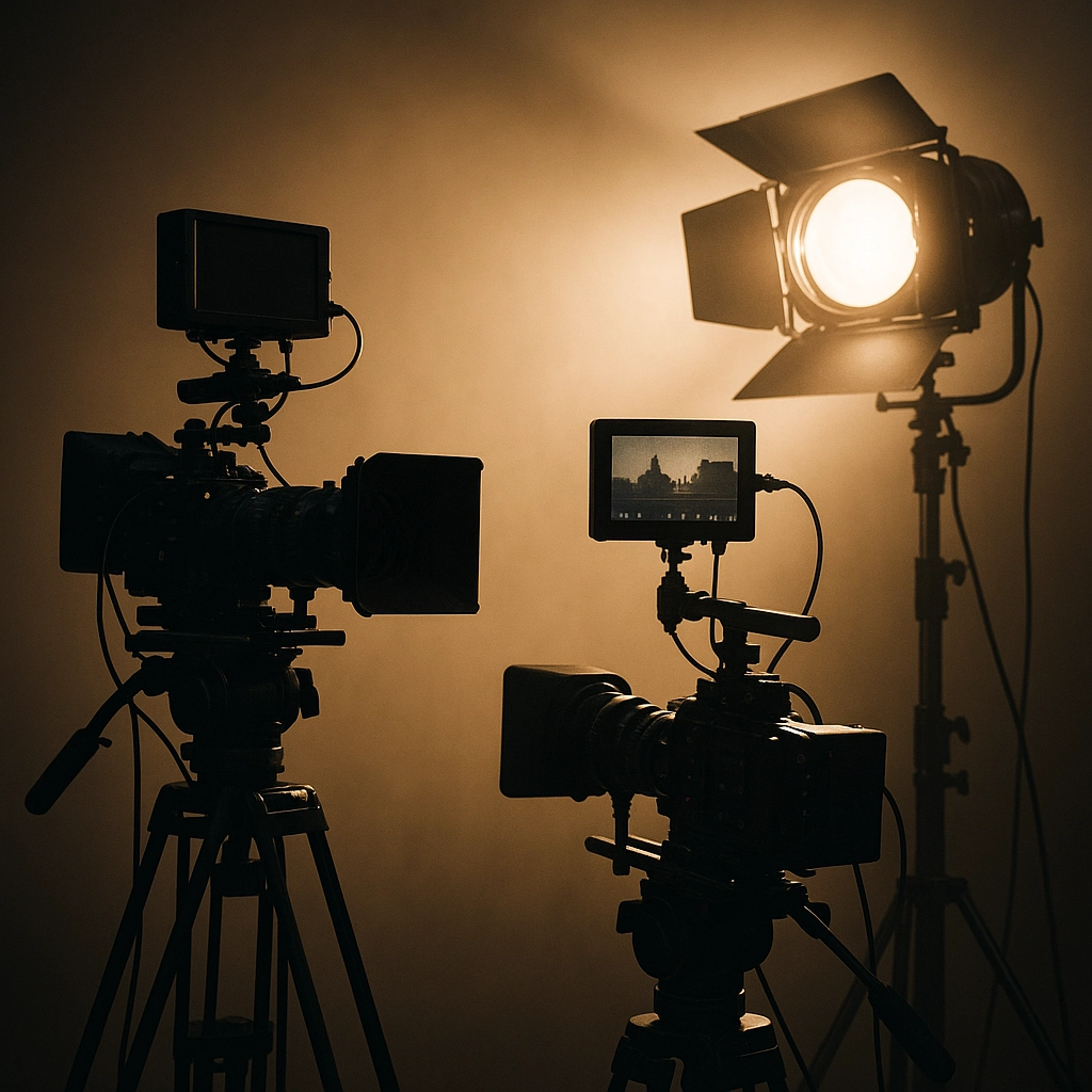 Film cameras and lighting equipment set the stage in a dimly lit studio, capturing the essence of a cinematic environment.