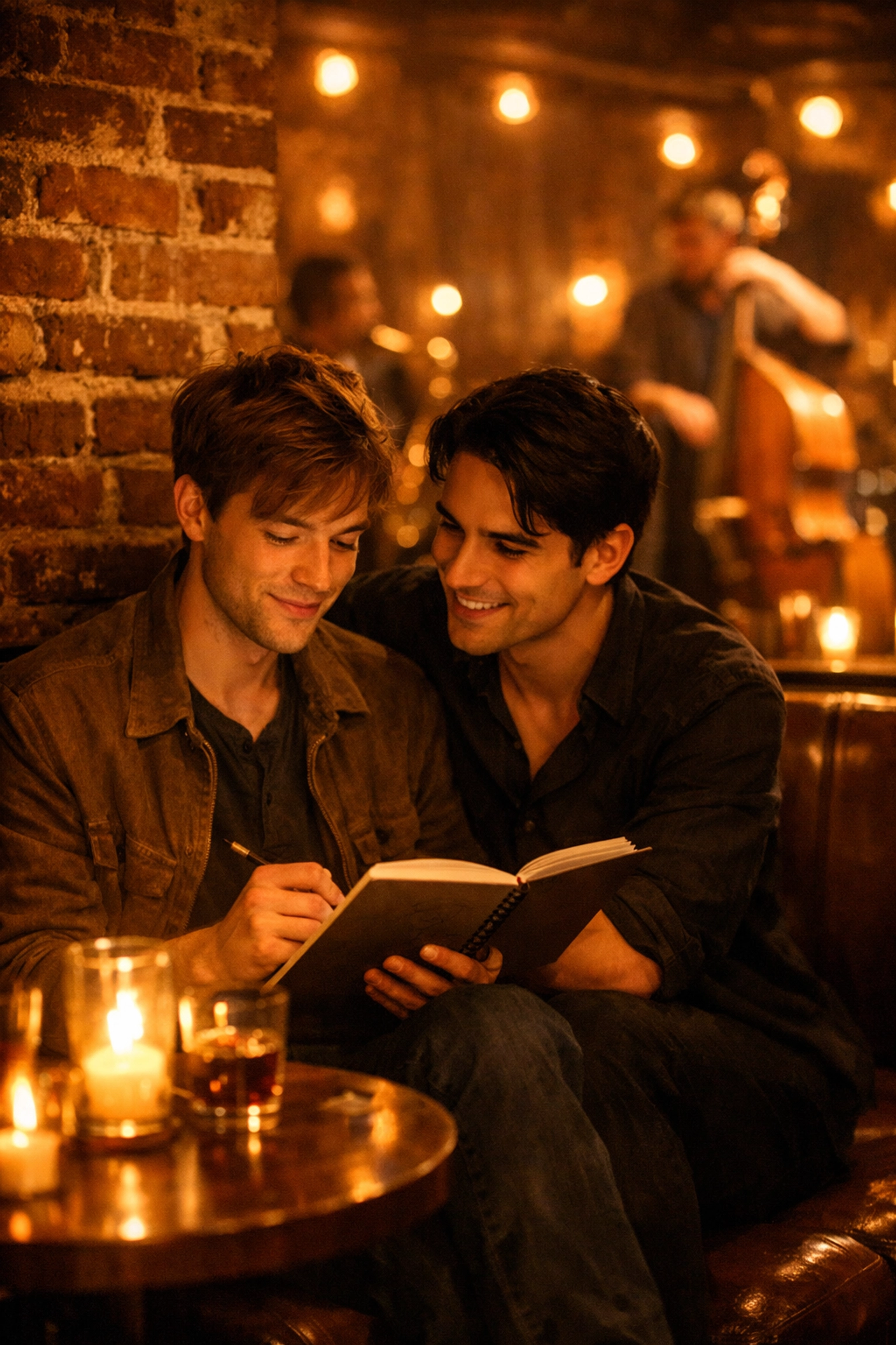 Gay couple meeting in Montreal jazz bar, romantic first encounter