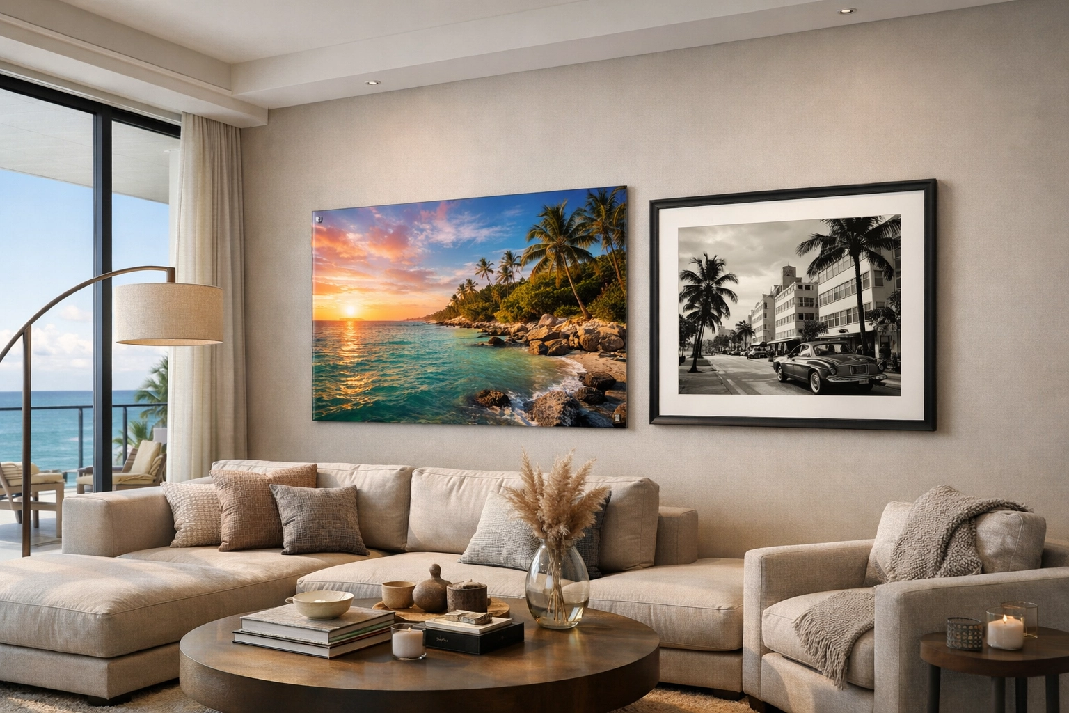 Luxury home gallery displaying limited edition photography prints in acrylic and framed archival styles.