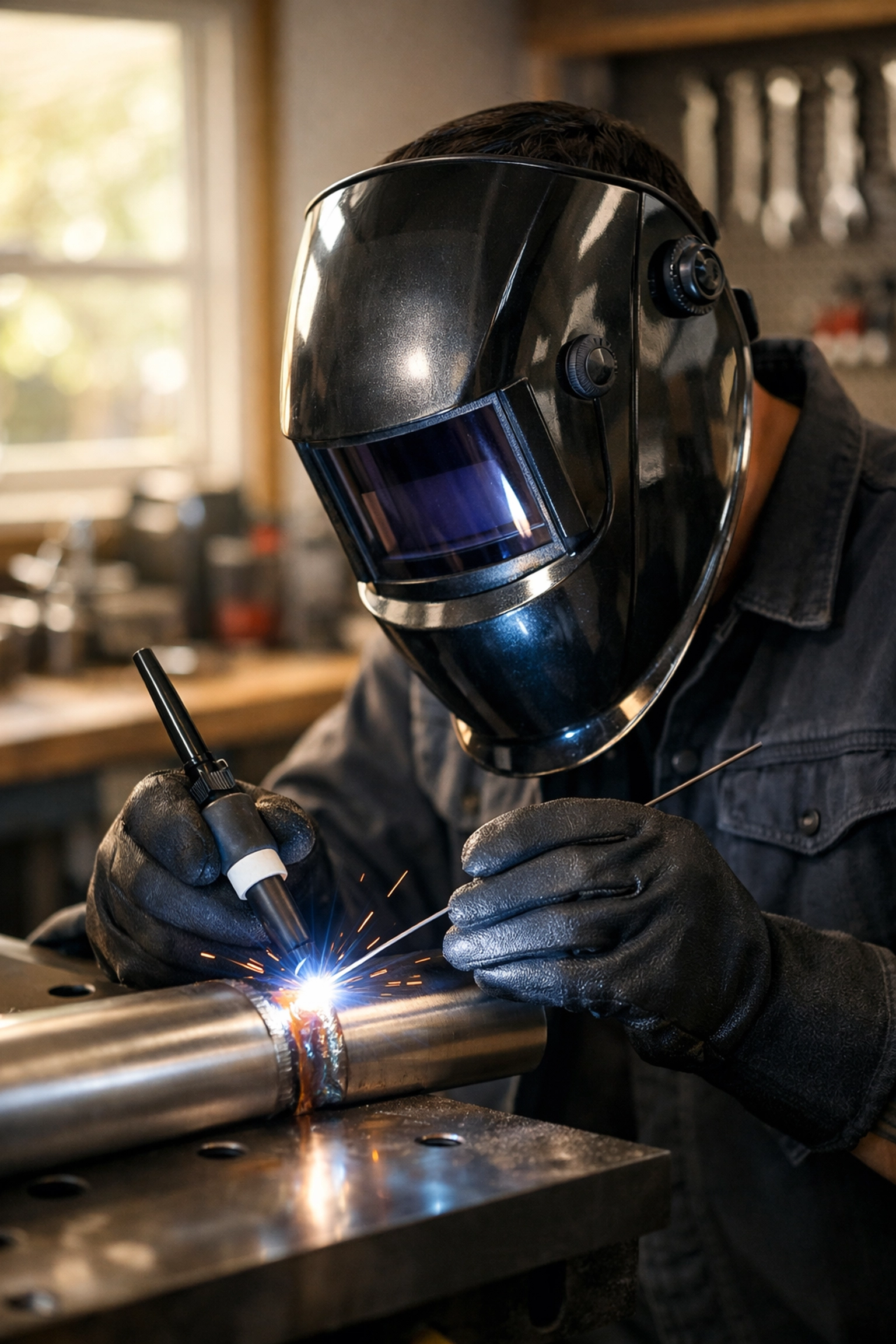 Professional TIG welding on stainless steel showing a stable arc and protective gas shield in a workshop.