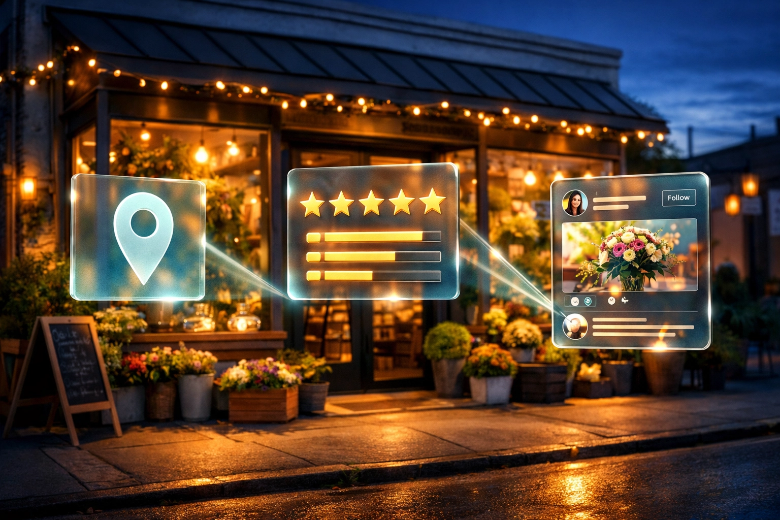 Consistent business profile data across digital platforms shown over a modern local storefront at dusk.