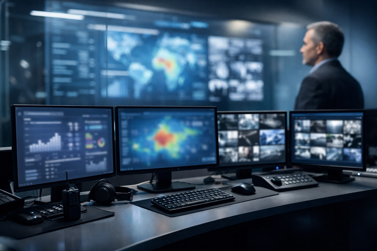 High-tech venue operations command center with data visualization monitors for strategic management and efficiency.