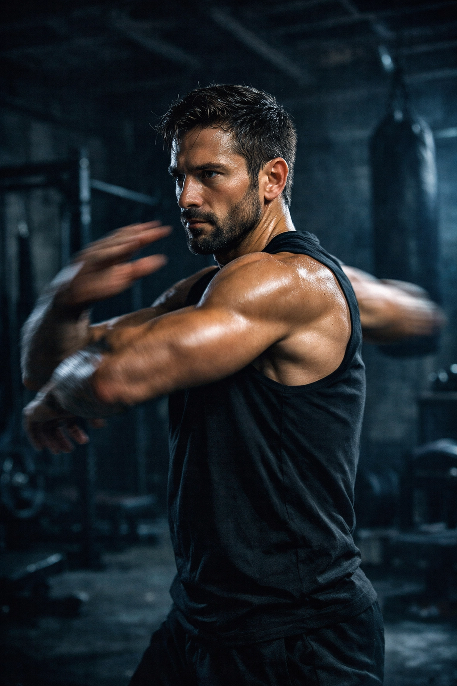 Male athlete performing a dynamic shoulder warm-up in a home gym to prevent training injuries.