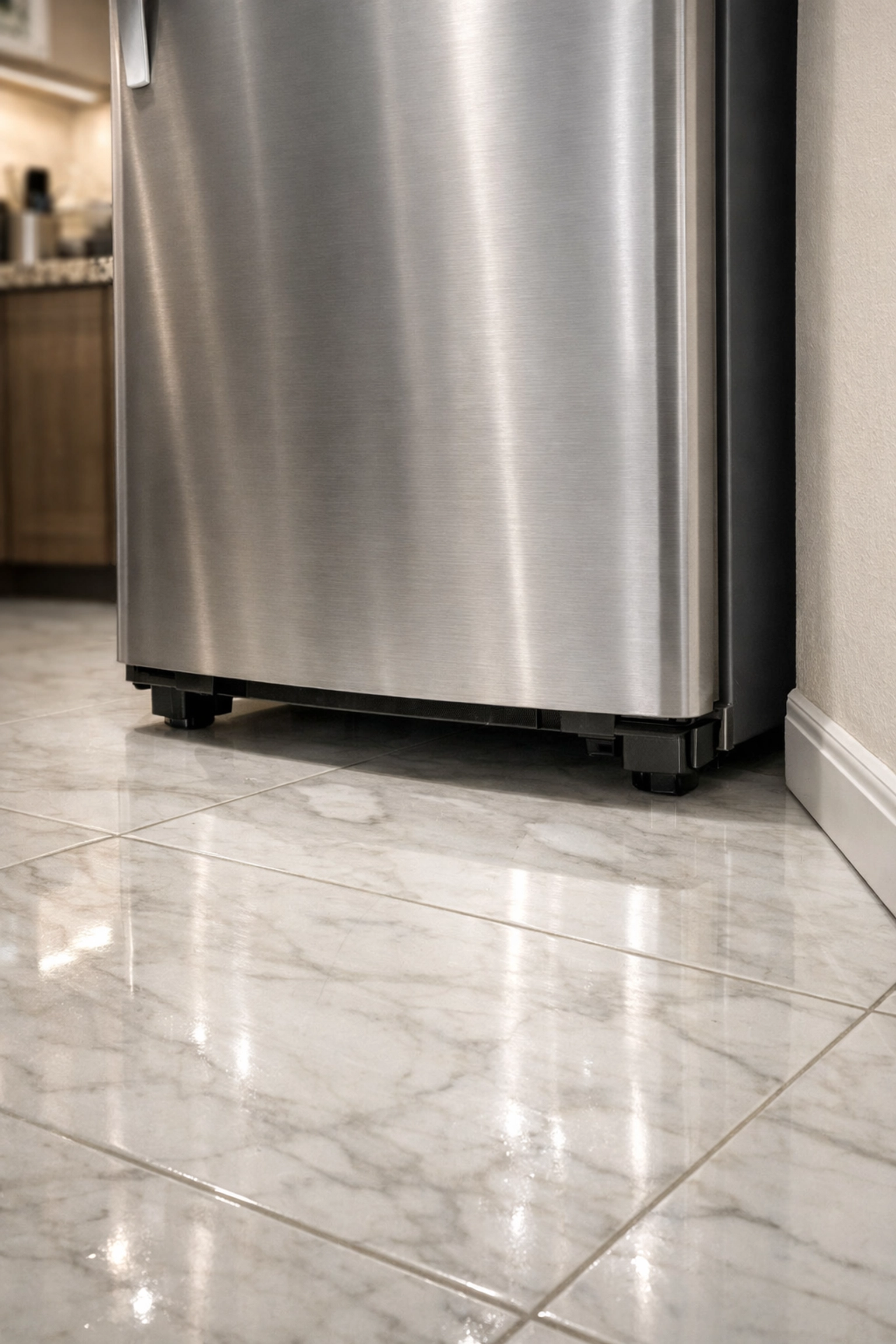 Thorough move out cleaning in Winter Park showing a spotless marble floor under a modern refrigerator.