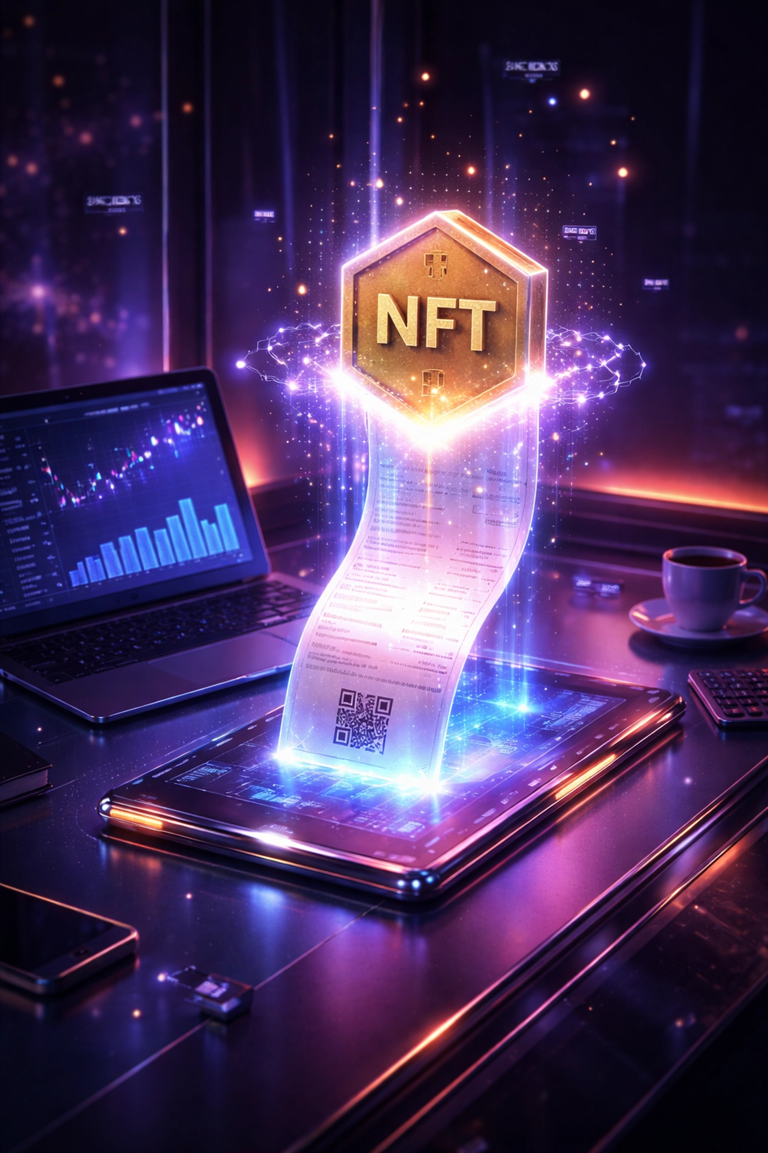 Digital receipt transforming into an NFT token above a workspace, illustrating NFT receipts for accounting and reduced merchant interchange fees
