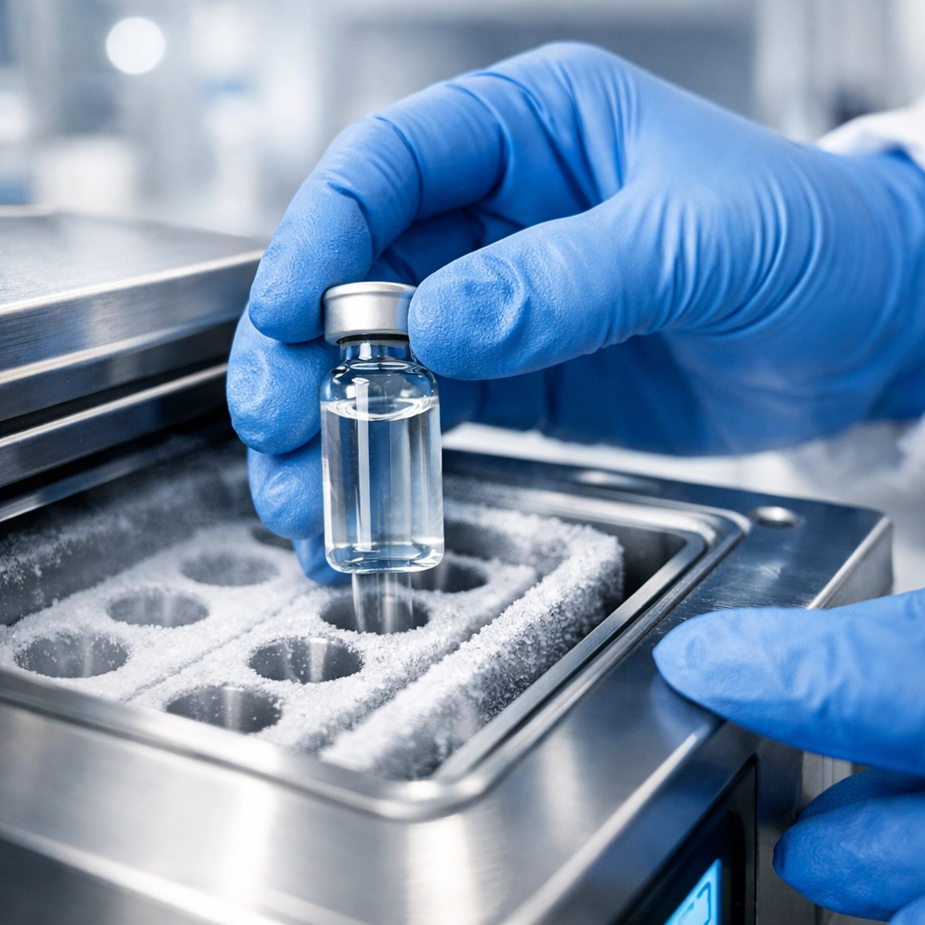 Pharmacist in a sterile lab preparing compounded GLP-1 medication under strict quality safety standards.