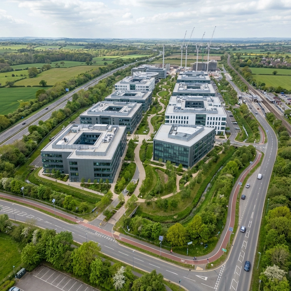 Aerial view of modern office buildings with green rooftops, surrounded by roads and lush countryside. Cranes are visible in the background.