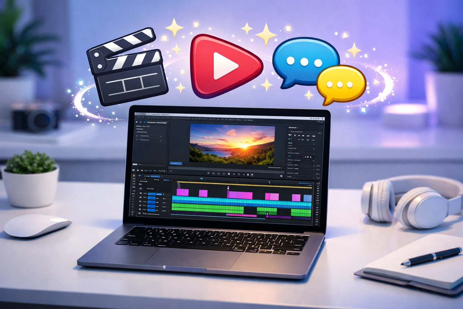 Laptop displaying video editing timeline with AI-powered creative tools for small business content creation