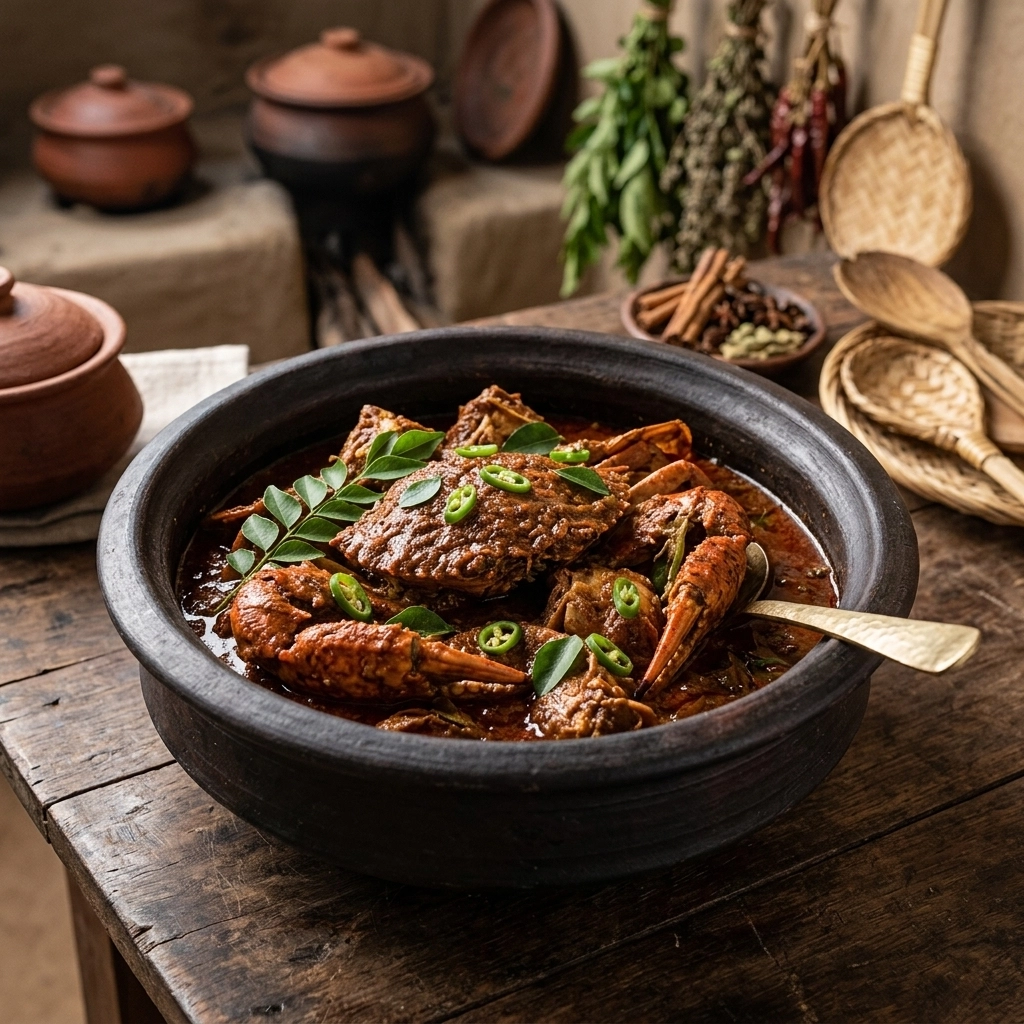 A traditional Jaffna Crab Curry served in a clay pot.