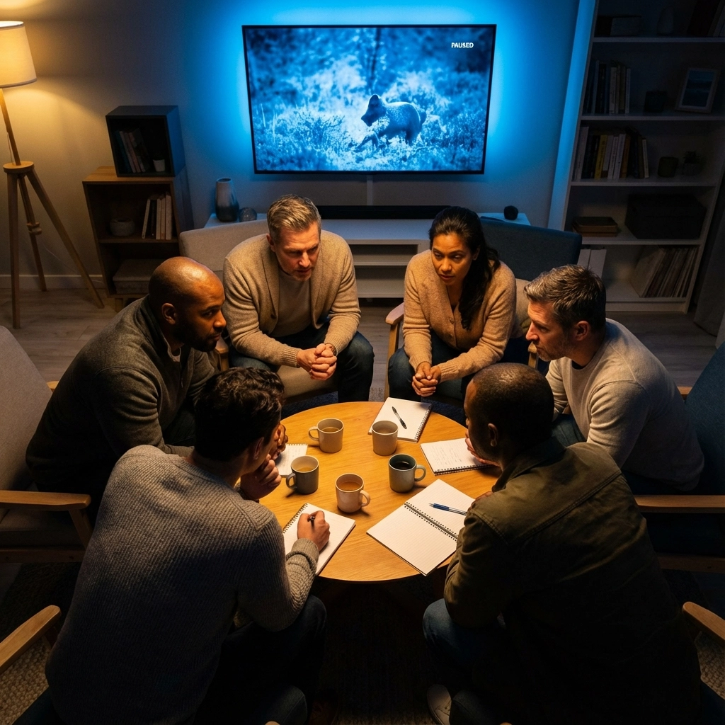 Six people sit around a table in a cozy room, engaged in a discussion. A paused nature show is on TV. Notebooks and mugs are on the table.
