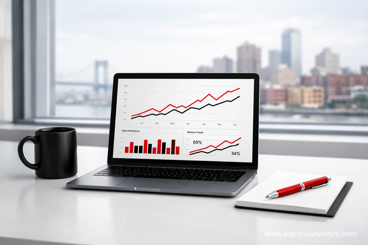 Modern executive workspace featuring a laptop with AI-powered financial analytics and business growth dashboards.