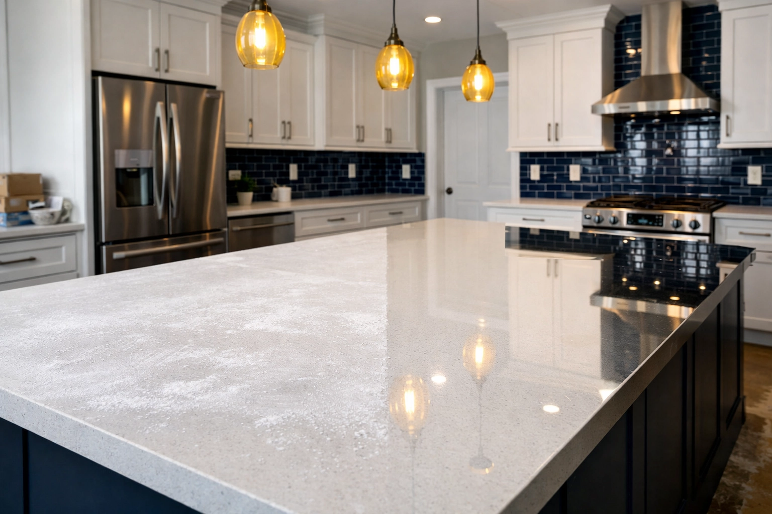 Before and after contrast of dust removal on a kitchen island for post-construction cleaning in Milford.