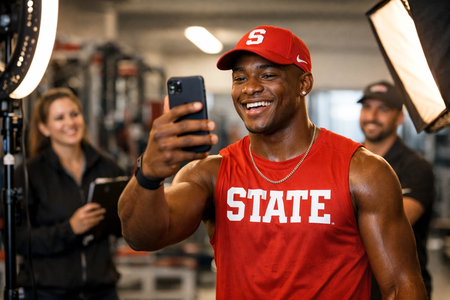 College athlete creating branded social media content with brand representatives in training facility
