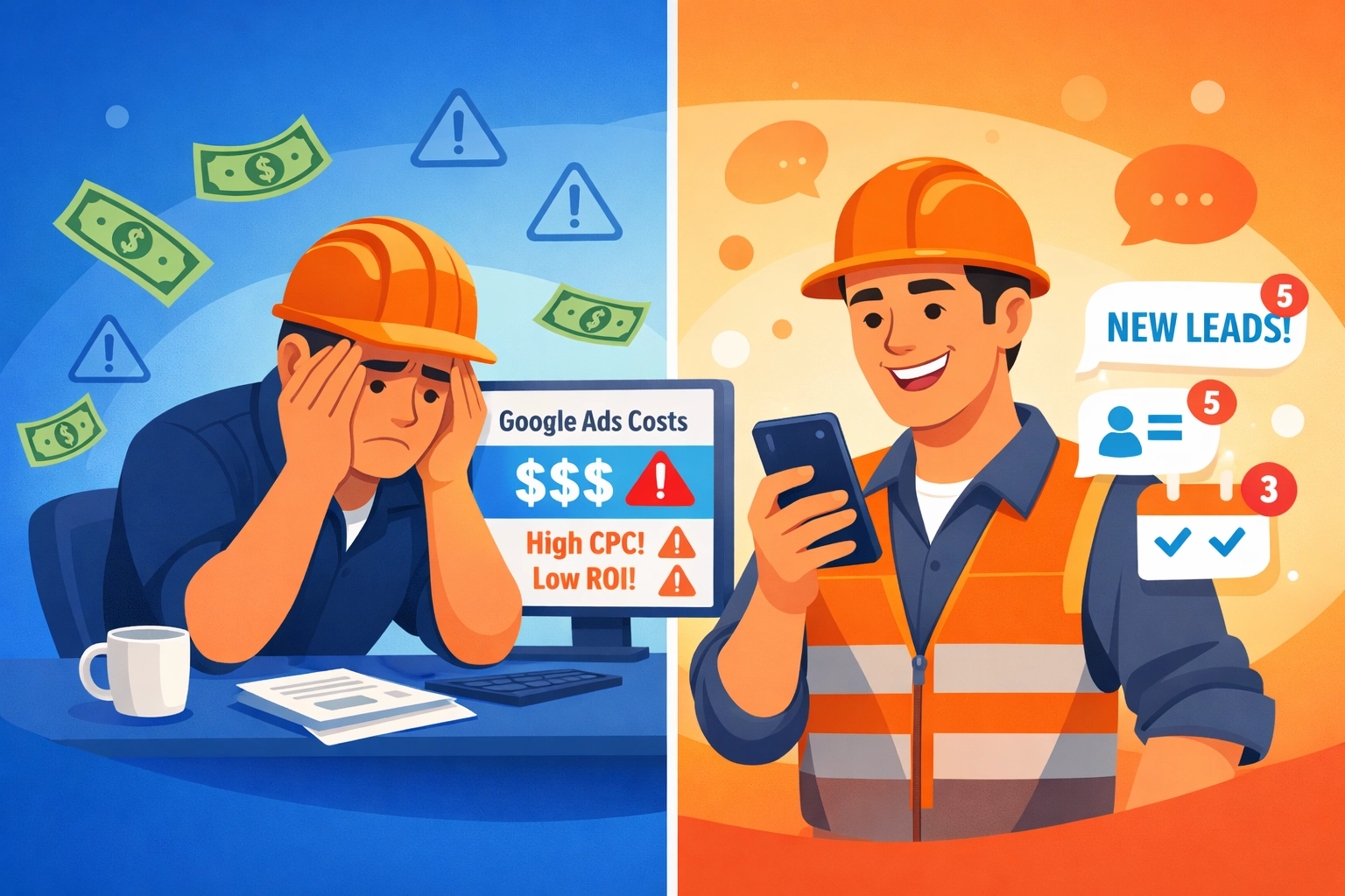 Contractor comparing expensive Google Ads costs versus affordable pay-per-lead generation methods