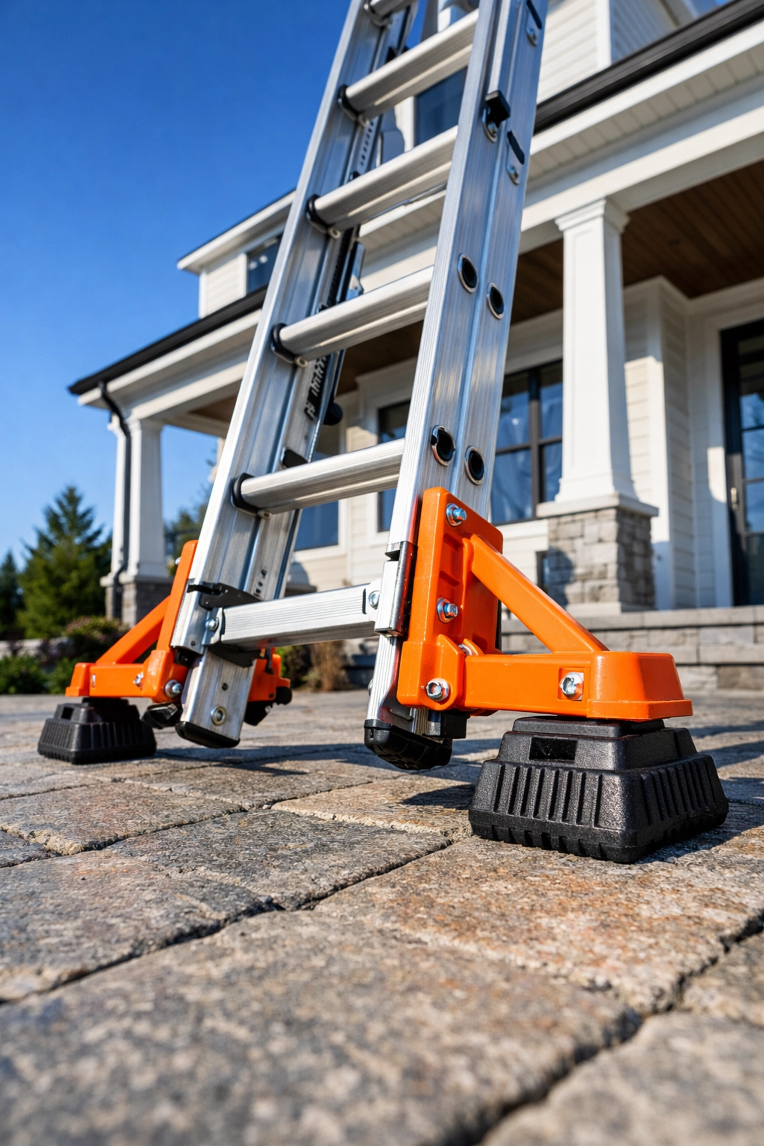 Industrial extension ladder with safety stabilizers for secure professional window cleaning.