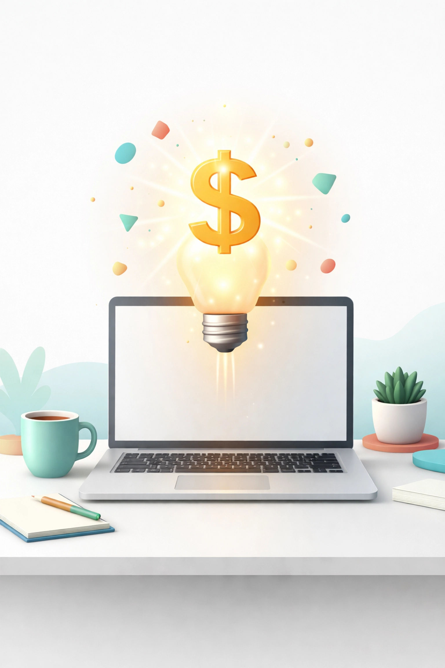 Lightbulb above laptop symbolizing digital product ideas and market research for successful online selling