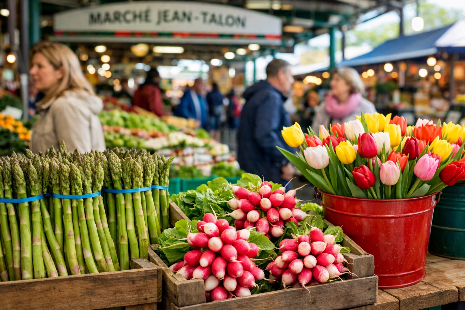 Fresh spring produce and colorful tulips at a market stall in Montreal's Marché Jean-Talon.