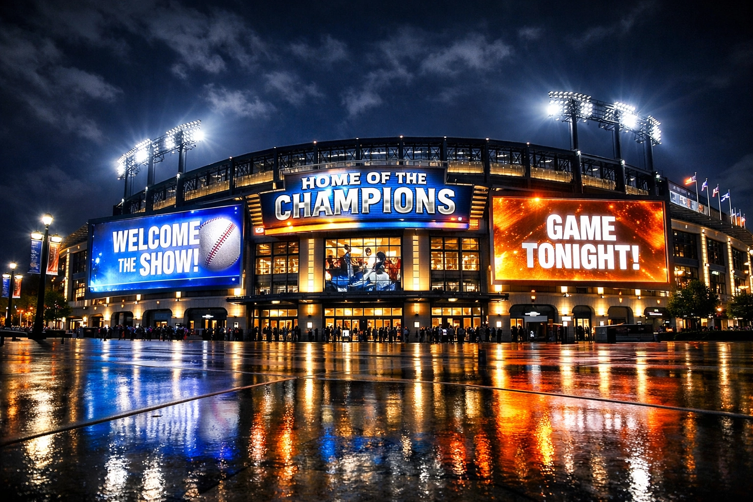 Large-scale digital billboards on a brightly lit sports stadium exterior showcasing nationwide advertising.