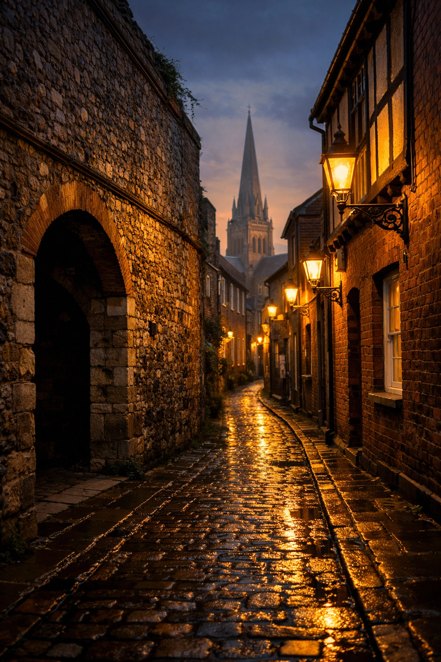 Historic cobbled street in a Chichester conservation area showing traditional flint walls.