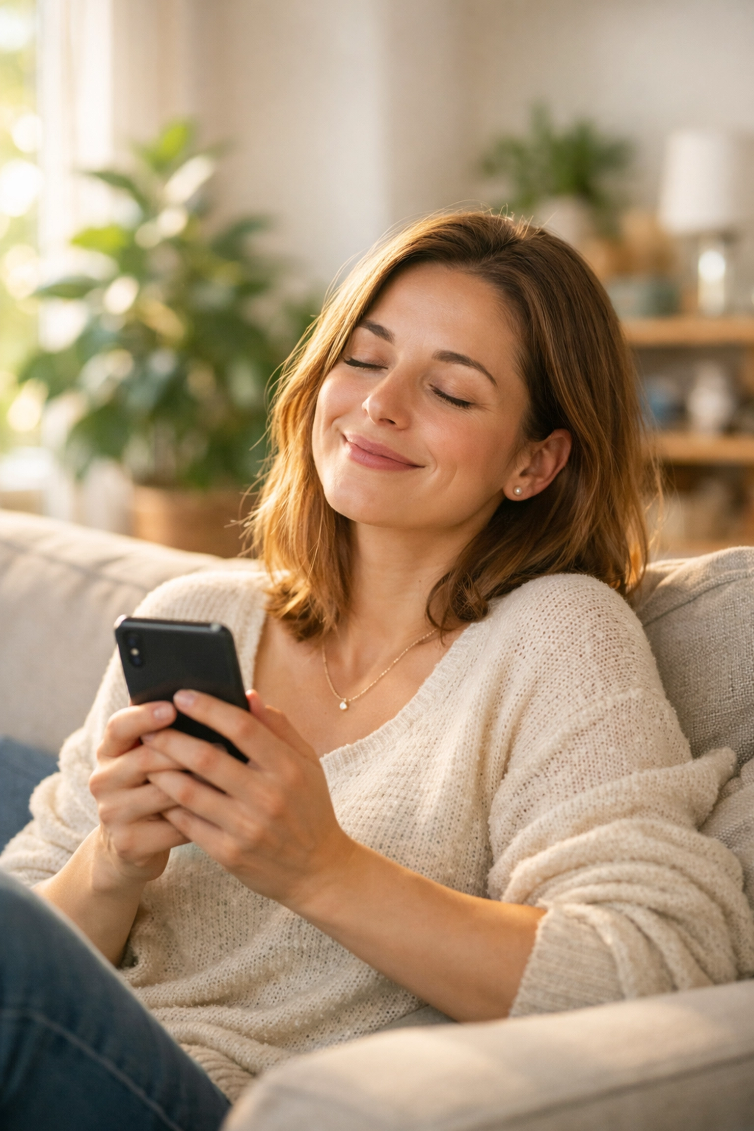 Relieved woman using a smartphone for an e-transfer payday loan in Canada in a sunny living room.