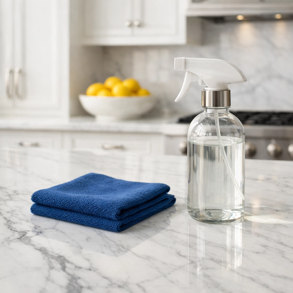 Eco-friendly Weekly House Cleaning in Lynnfield on white marble kitchen countertops.